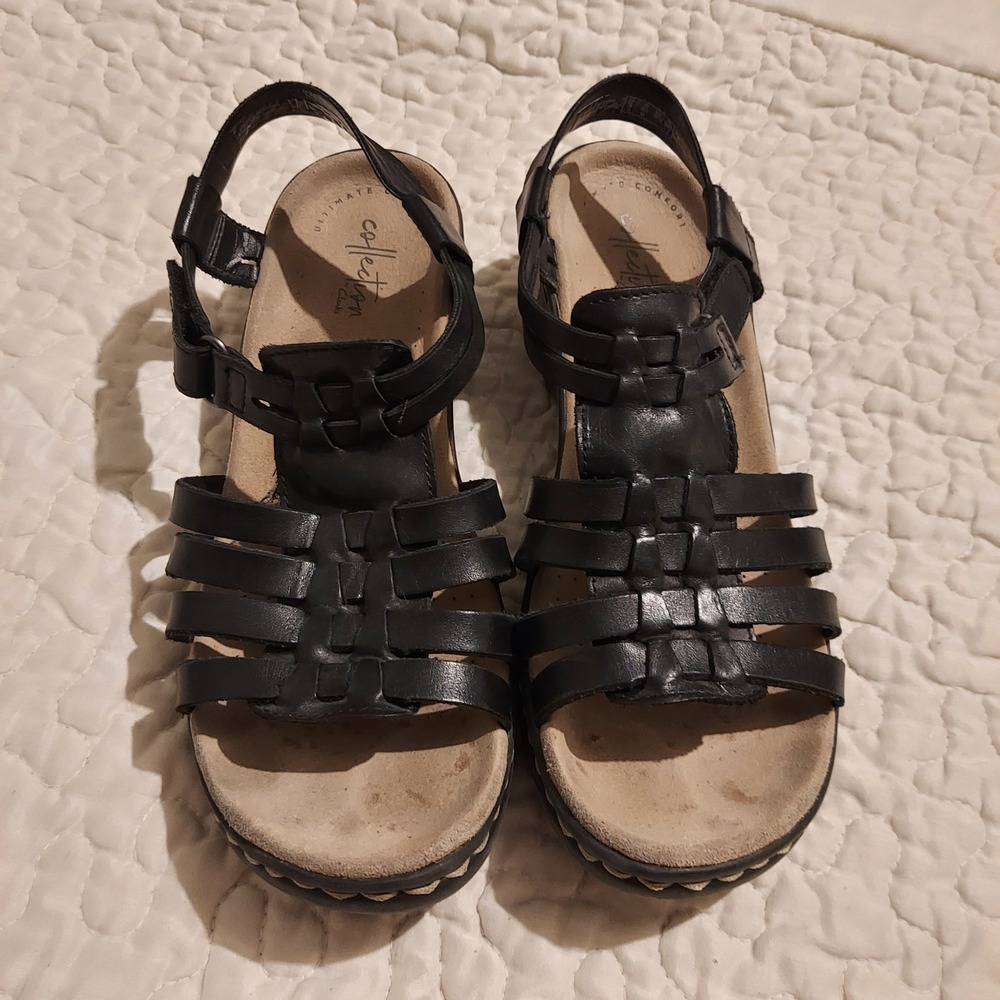 Clarks Collection Lexi Bridge Black Leather Fisherman Sandals 8.5 M 26139748 - Picture 2 of 8